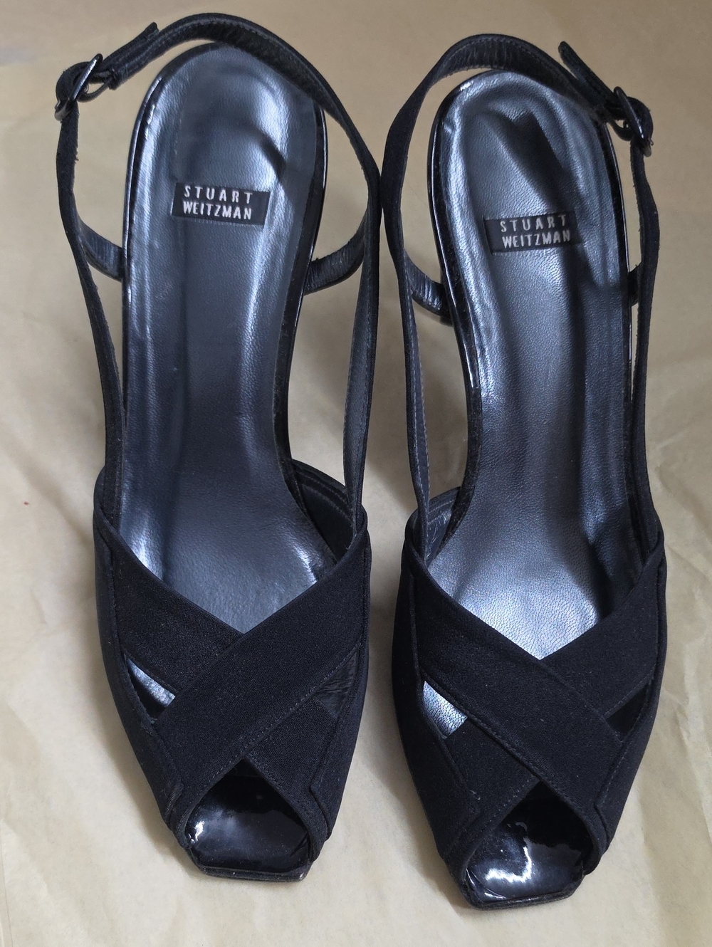 Stuart Weitzman Black Peep-Toe Slingback Heels with Cross-Band